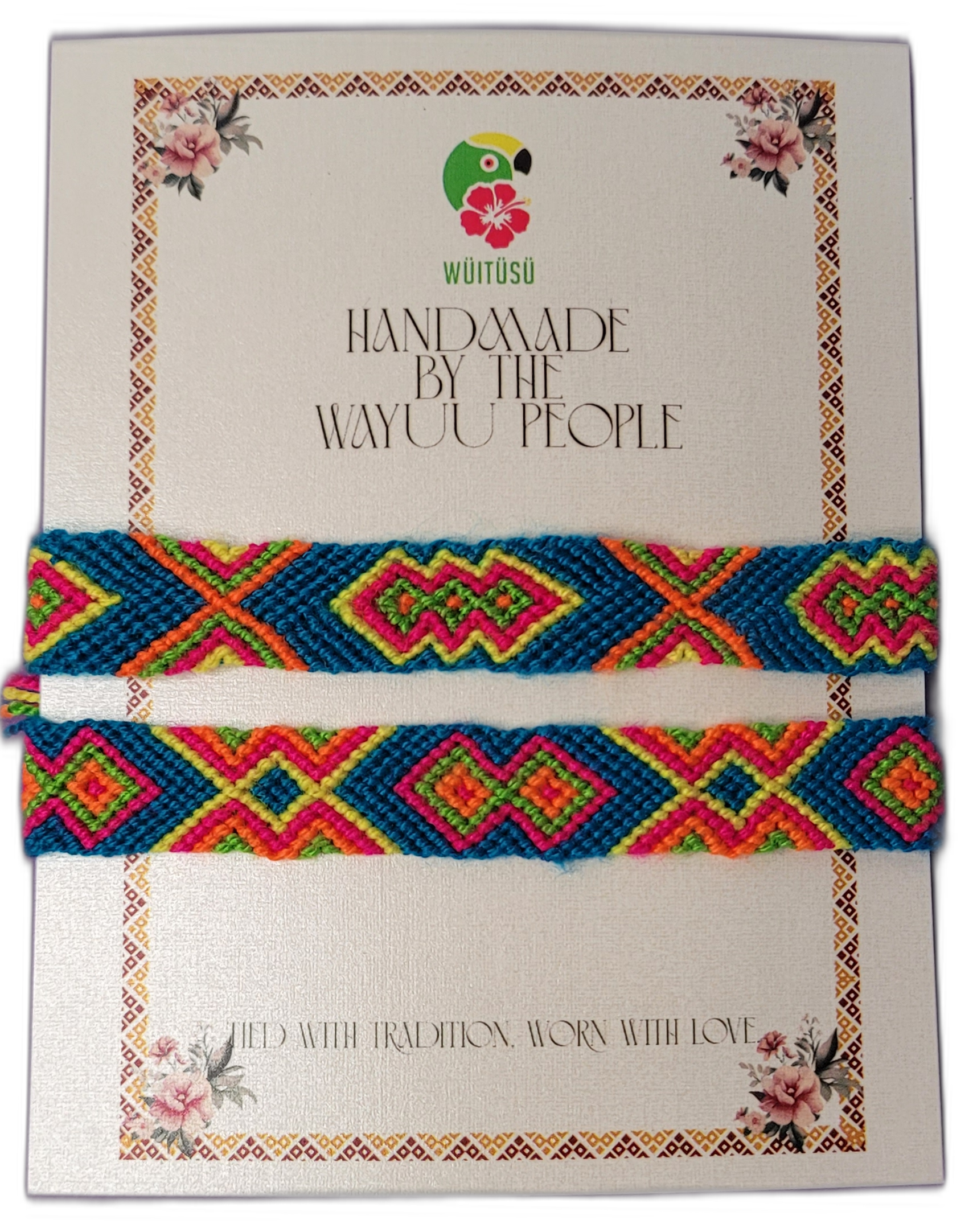 1 Handmade Wayuu friendship bracelets in bright blue with multicolor patterns.