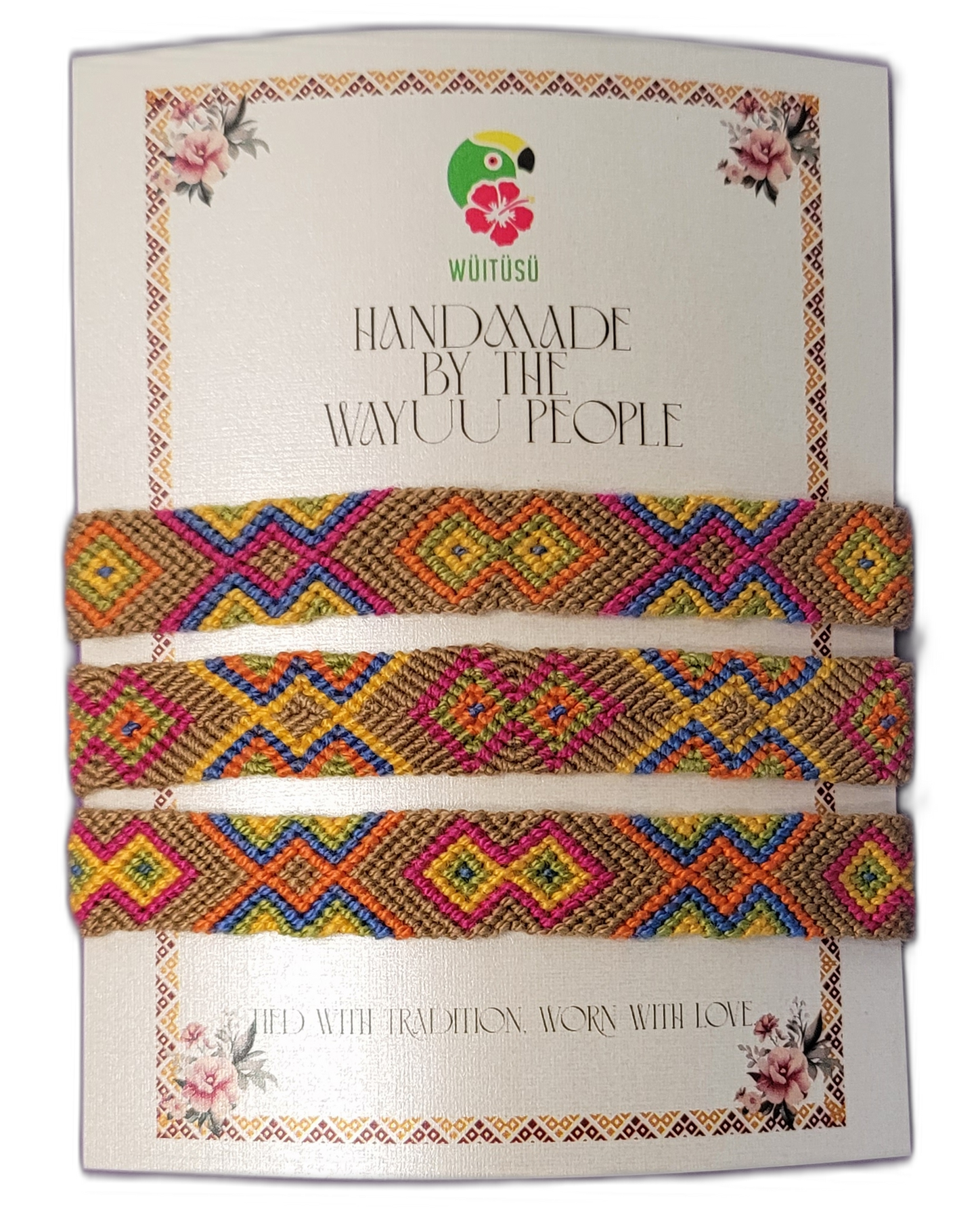 Handmade Wayuu friendship bracelets in brown and multicolor patterns.