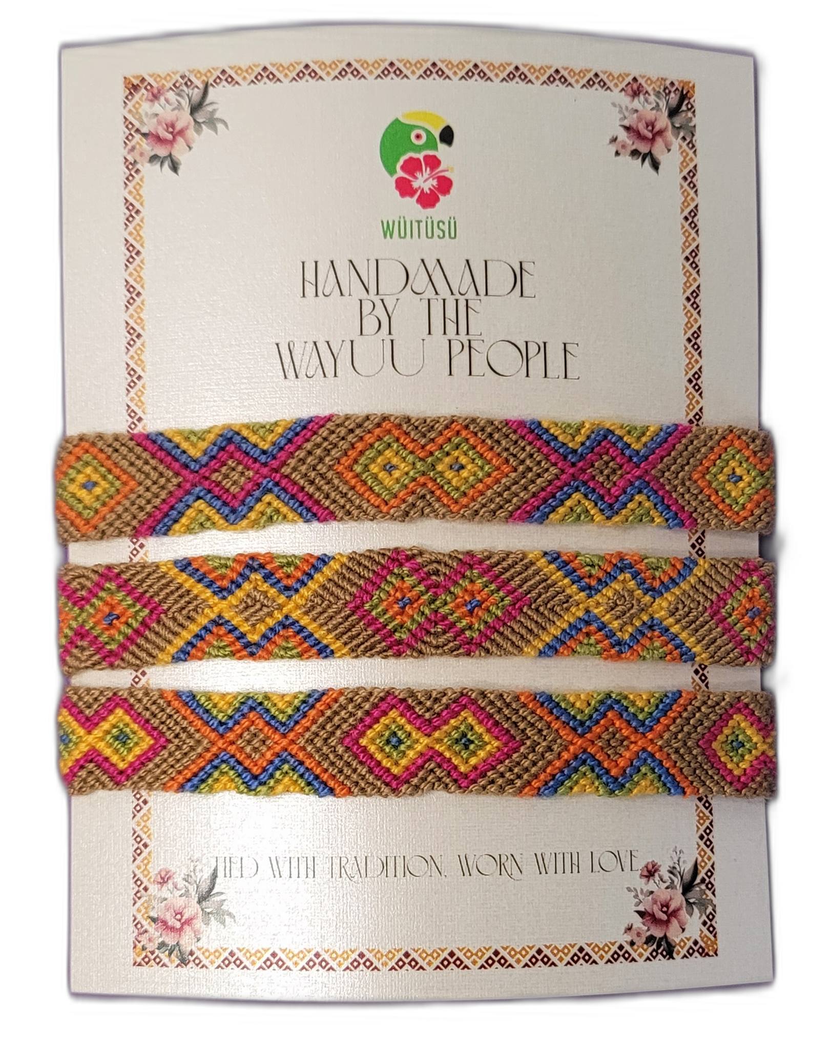 1 Handmade Wayuu friendship bracelets in brown and multicolor patterns.