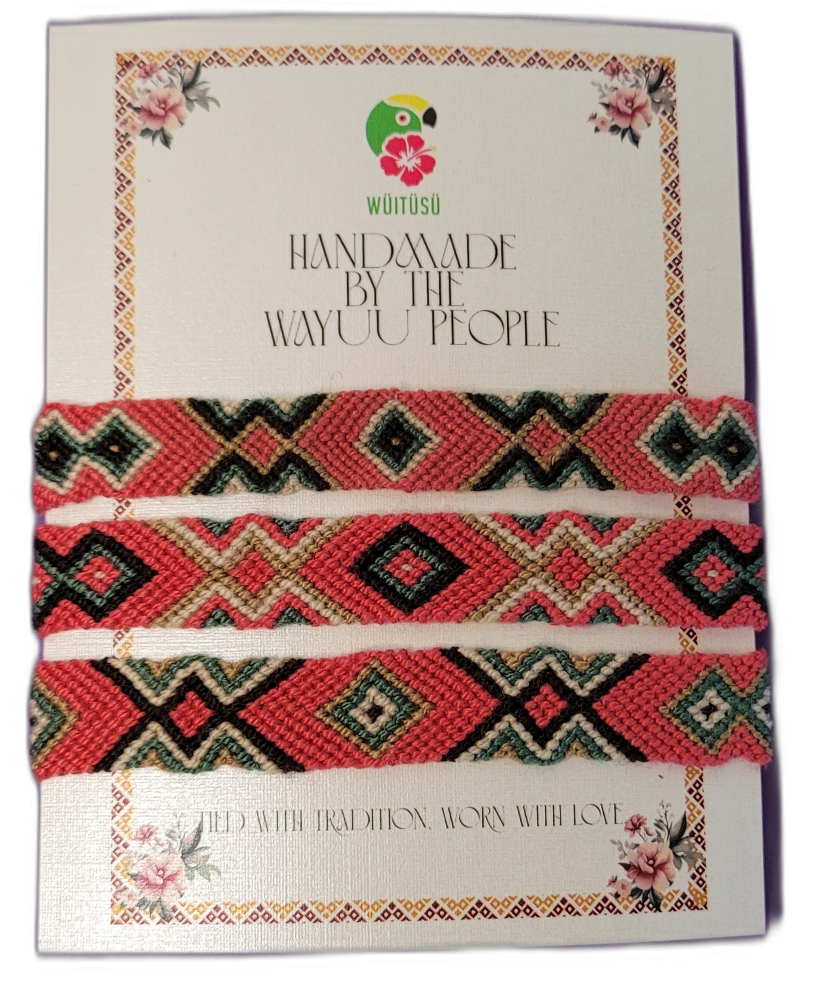 1 Handmade Wayuu friendship bracelets in coral, green, and cream.