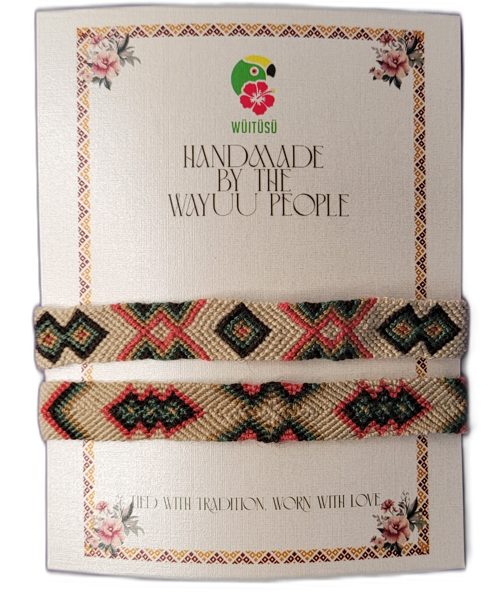 1 Handmade Wayuu friendship bracelets in earthy tones with tribal patterns.