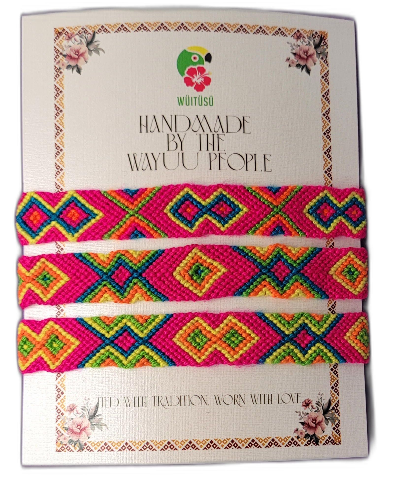1 Handmade Wayuu friendship bracelets in bright pink, orange, and green.