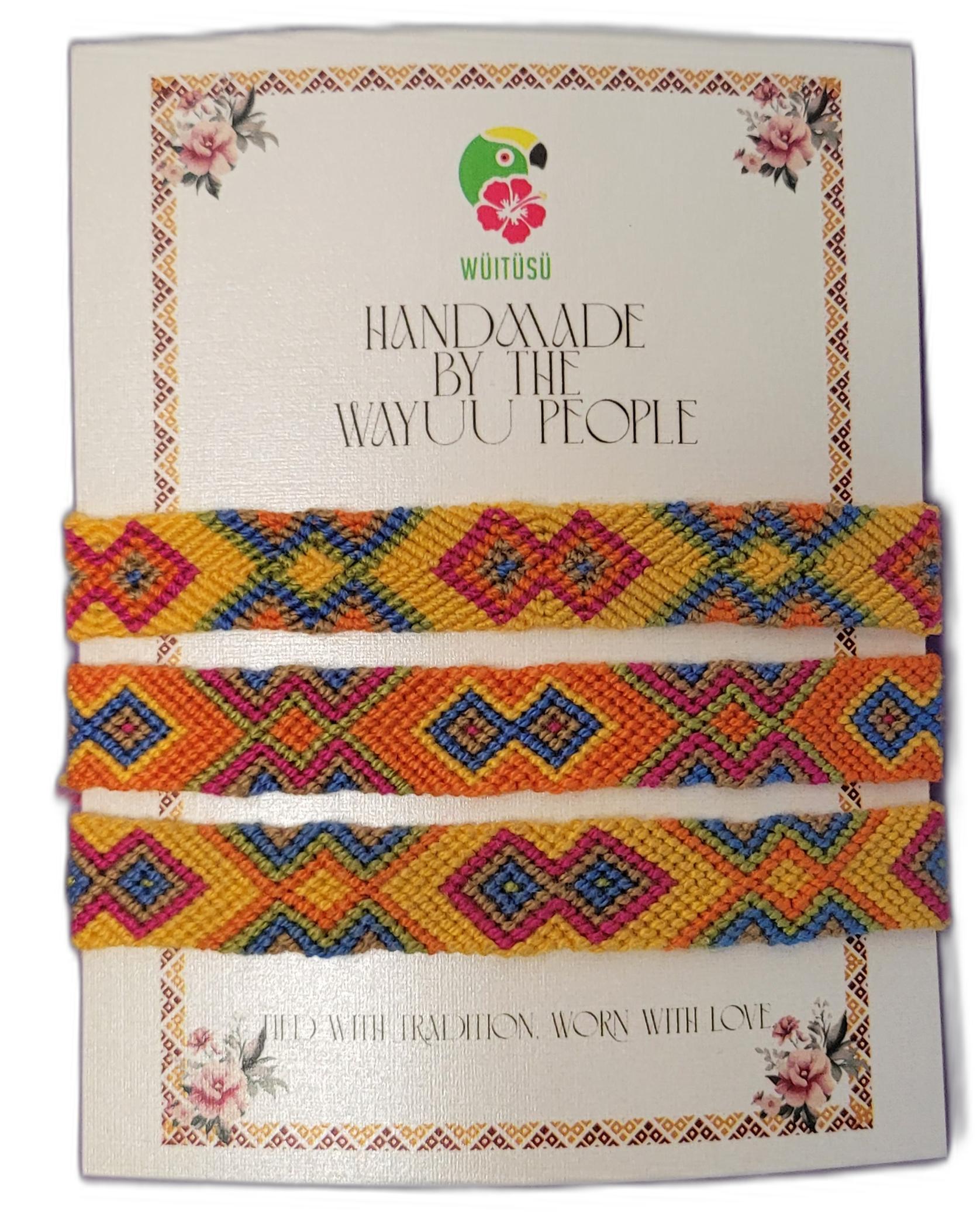 1 Handmade Wayuu friendship bracelets in yellow, orange, and blue tones.
