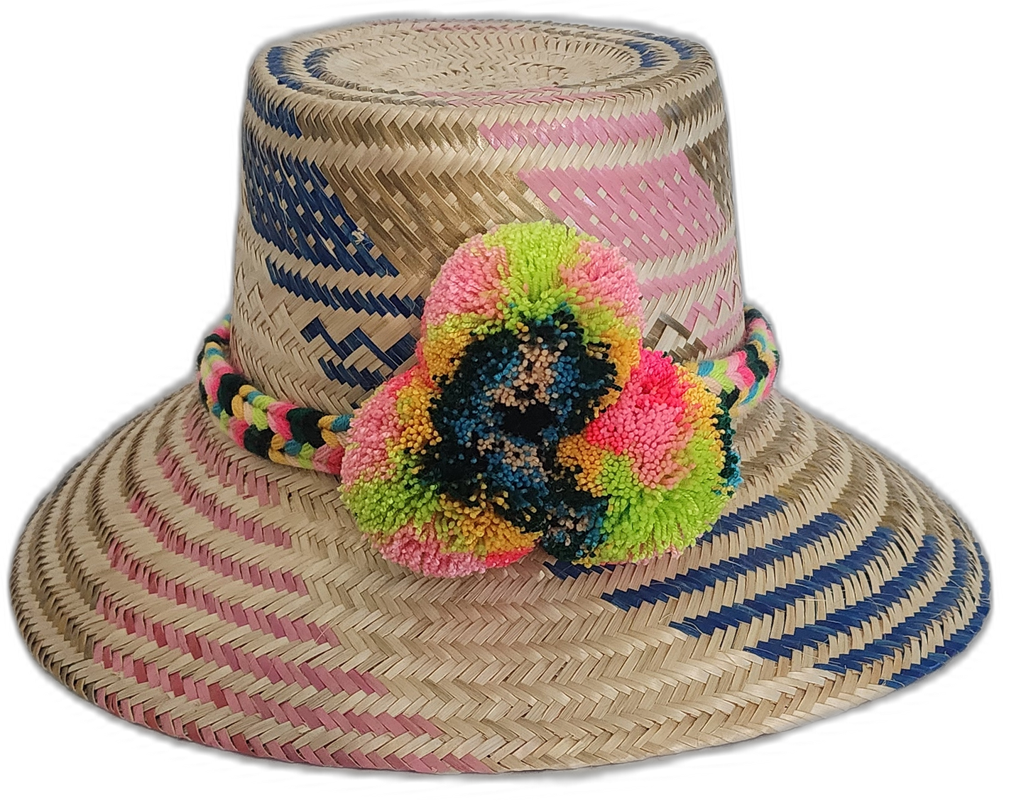 Handmade Wayuu straw hat with multicolor pompoms and pink-blue woven designs.