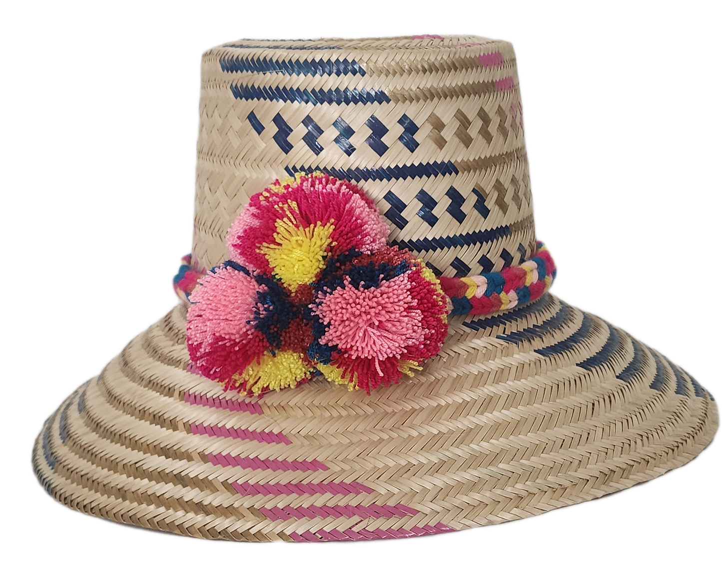 Designer straw hat handcrafted by Wayuu artisans from Iraca palm.