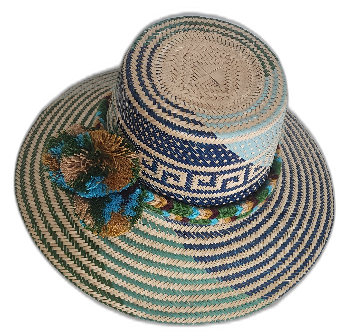 Boho Chick Wayuu Hat with handmade pompoms and traditional palm fiber construction