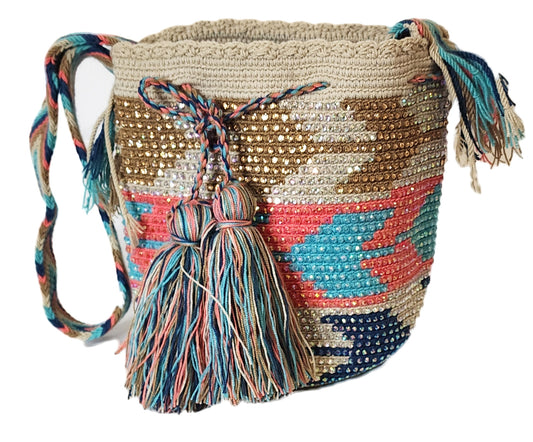 Aviana Medium Handmade Wayuu Mochila Bag With Crystals