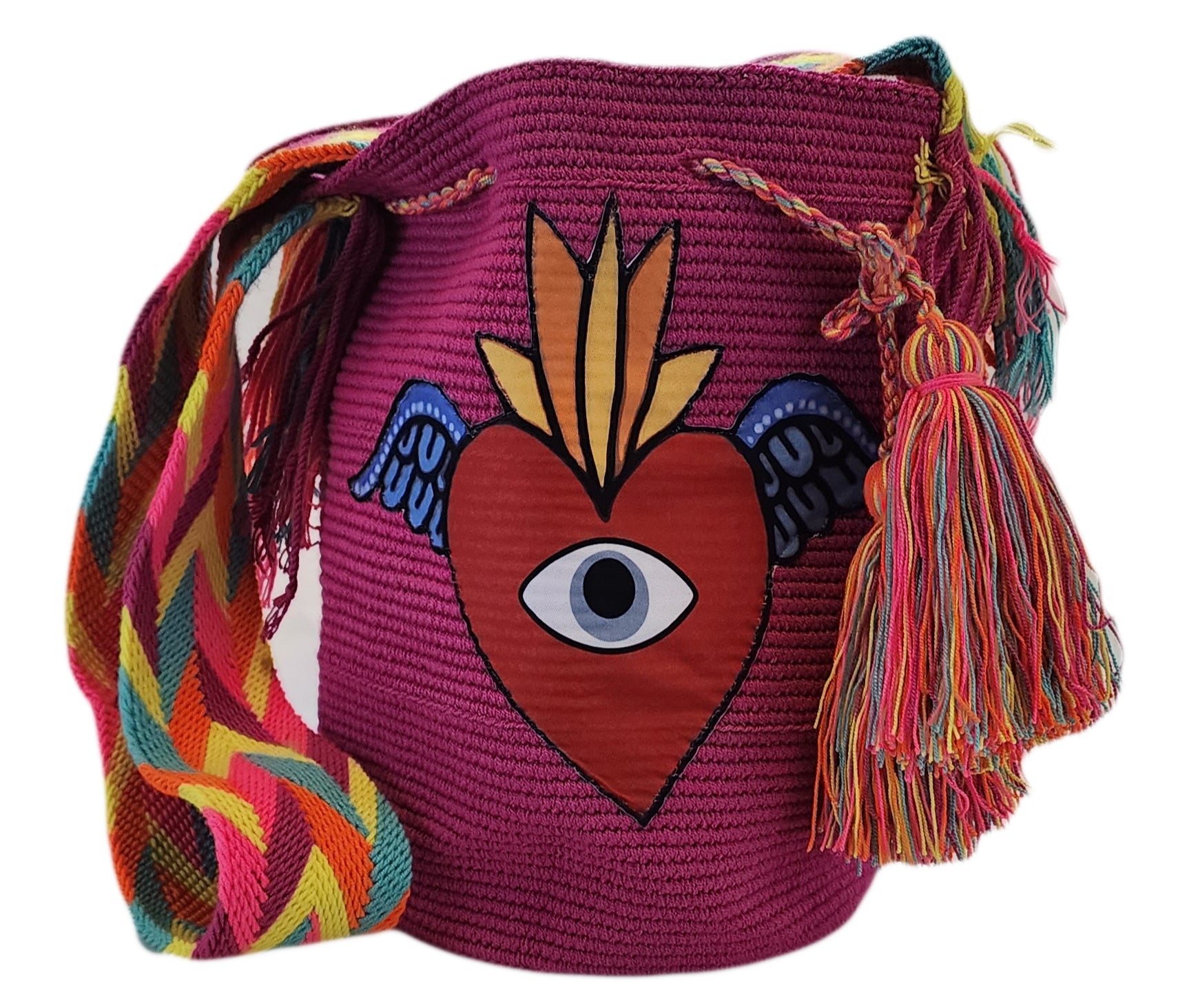 Vienna Large Wayuu Bag with Sacred Heart and Nazar Applique front