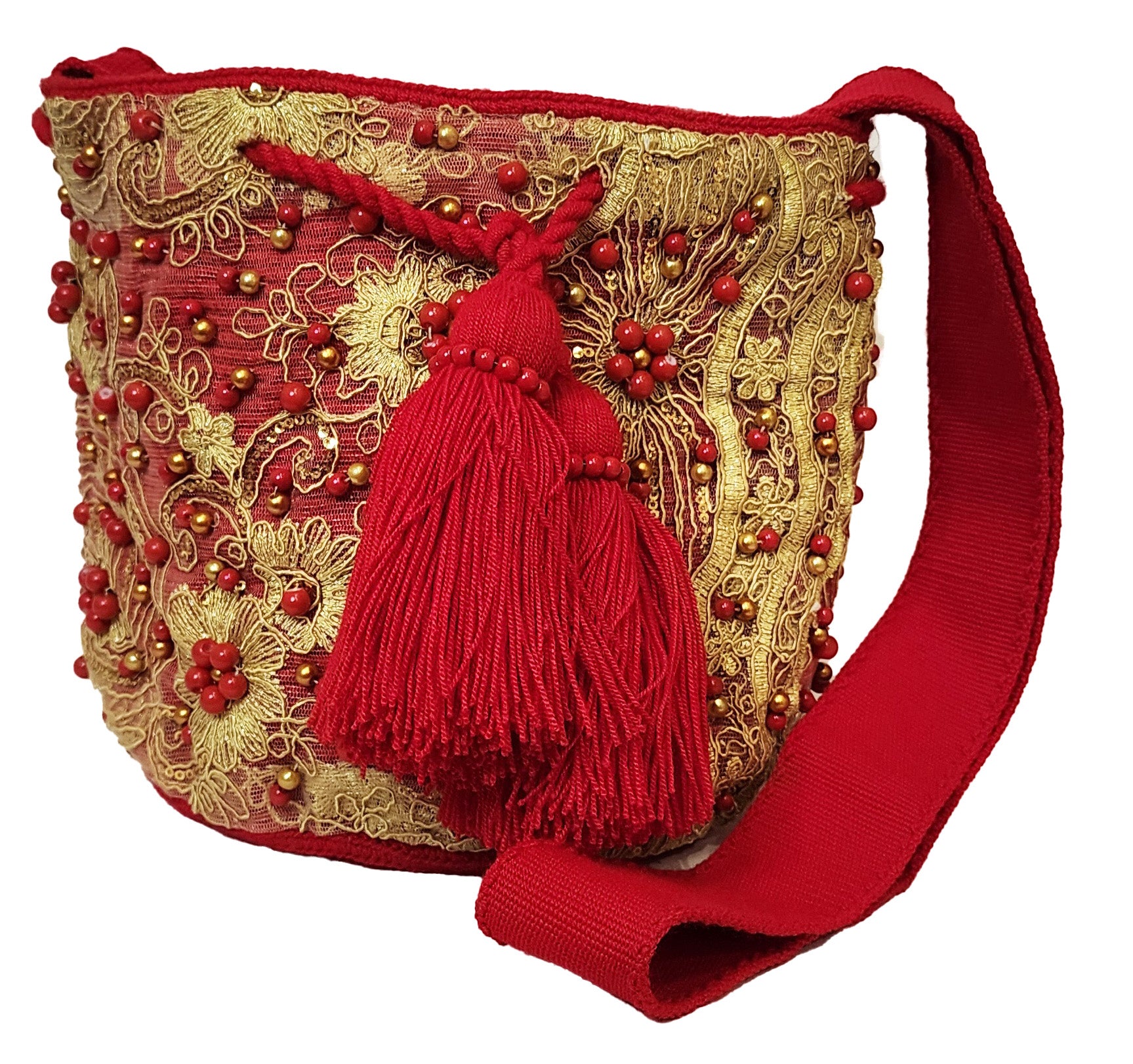 anabella medium crochet crossbody with crystals, lace, and pearls front