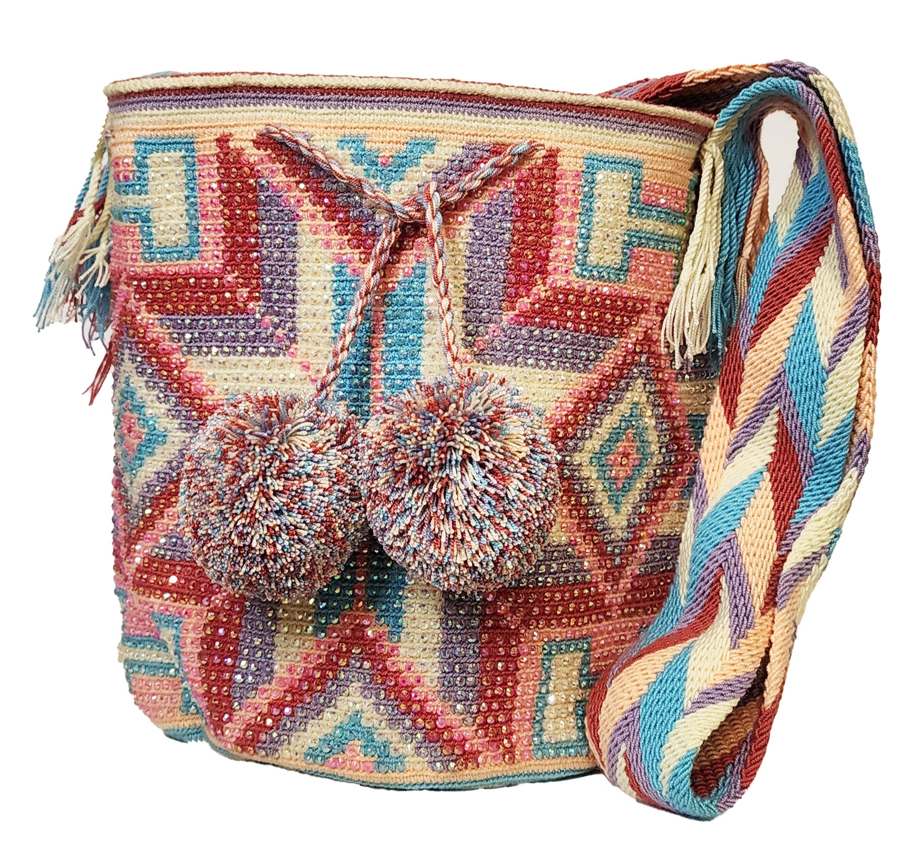 zaria Large Handmade crochet wayuu mochila crossbody with crystals front