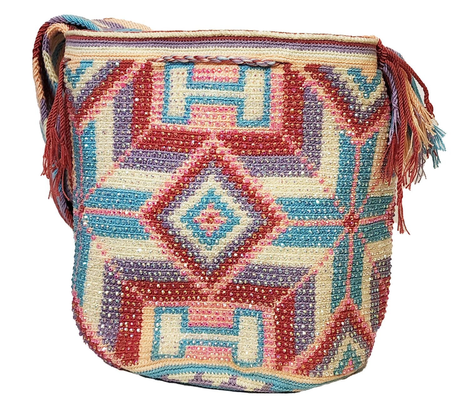 zaria Large Handmade crochet wayuu mochila crossbody with crystals back