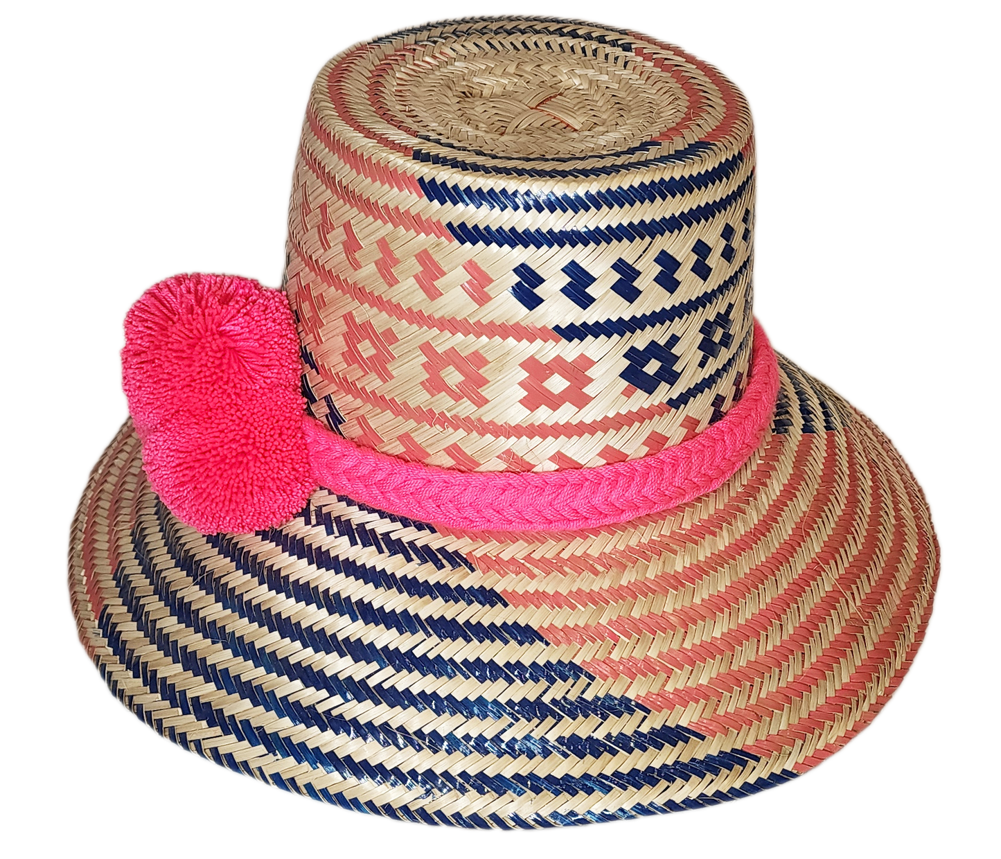 "Handmade Wuitusu Wayuu hat from Iraca palm fiber, adorned with colorful pompoms, showcasing adjustable and versatile styles.