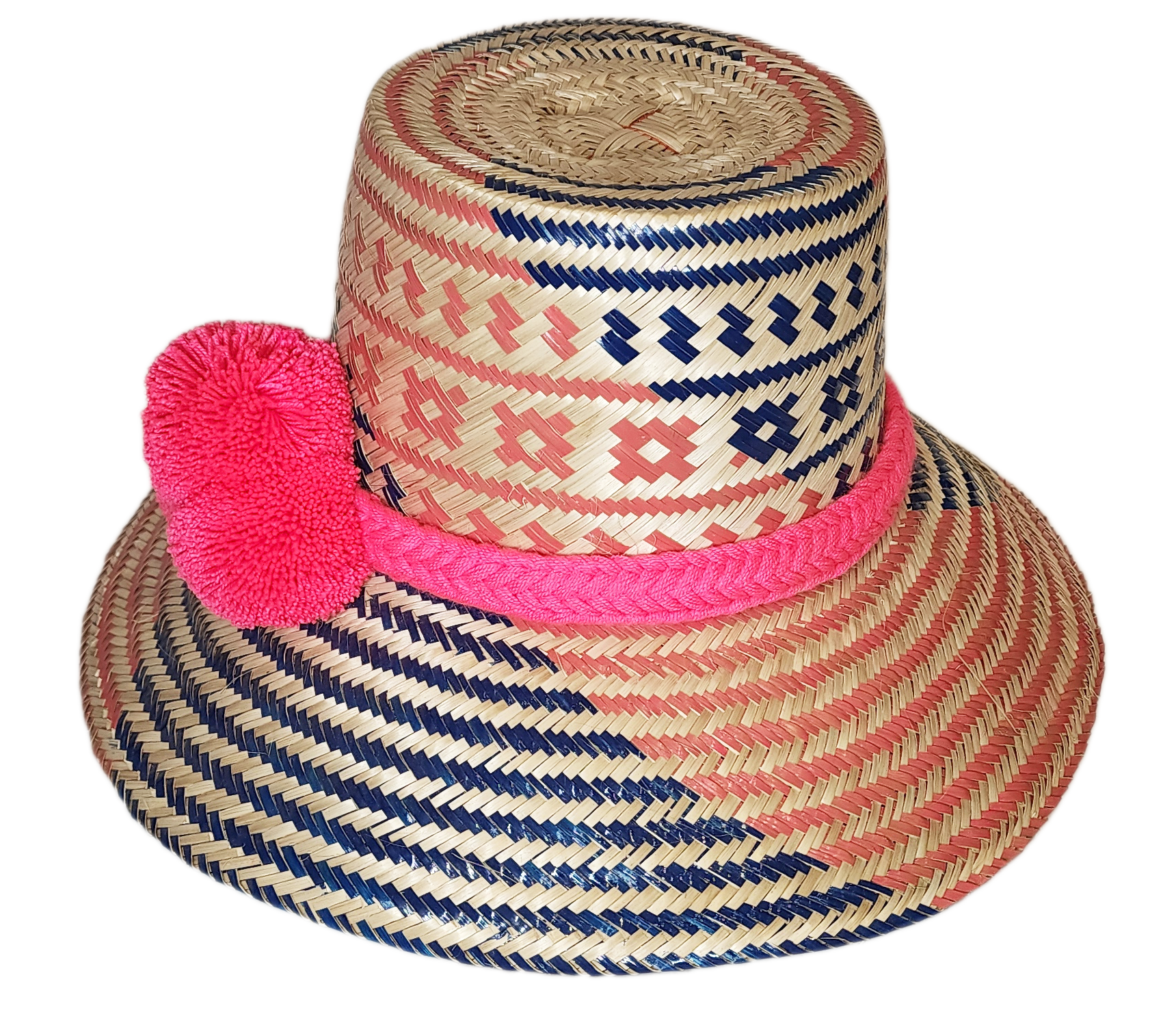 "Handmade Wuitusu Wayuu hat from Iraca palm fiber, adorned with colorful pompoms, showcasing adjustable and versatile styles.