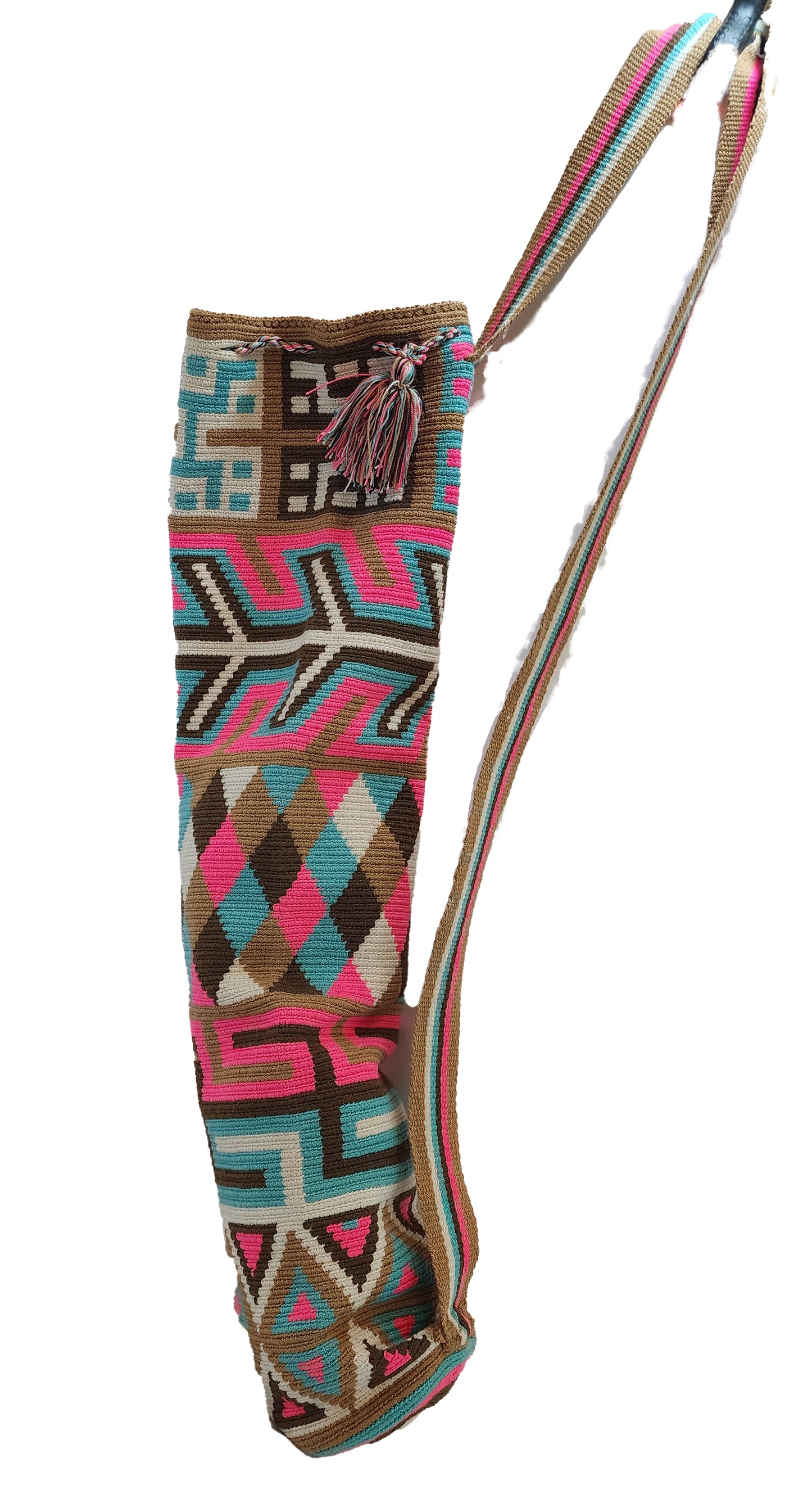 clara handmade wayuu yoga mat holder crochet bag in traditional color combination