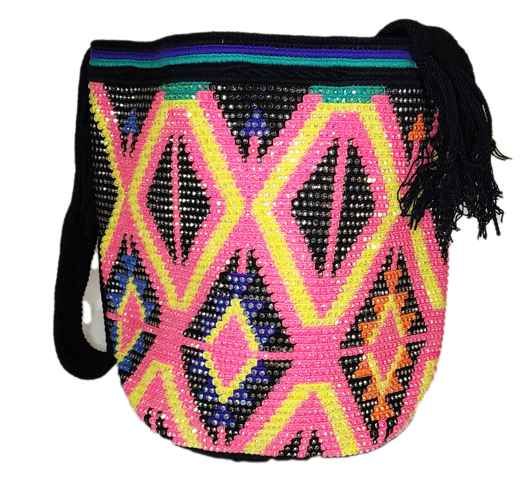 Bottom view Charlie Handmade Crochet Wayuu Mochila Bag with Crystals - a perfect gift for her