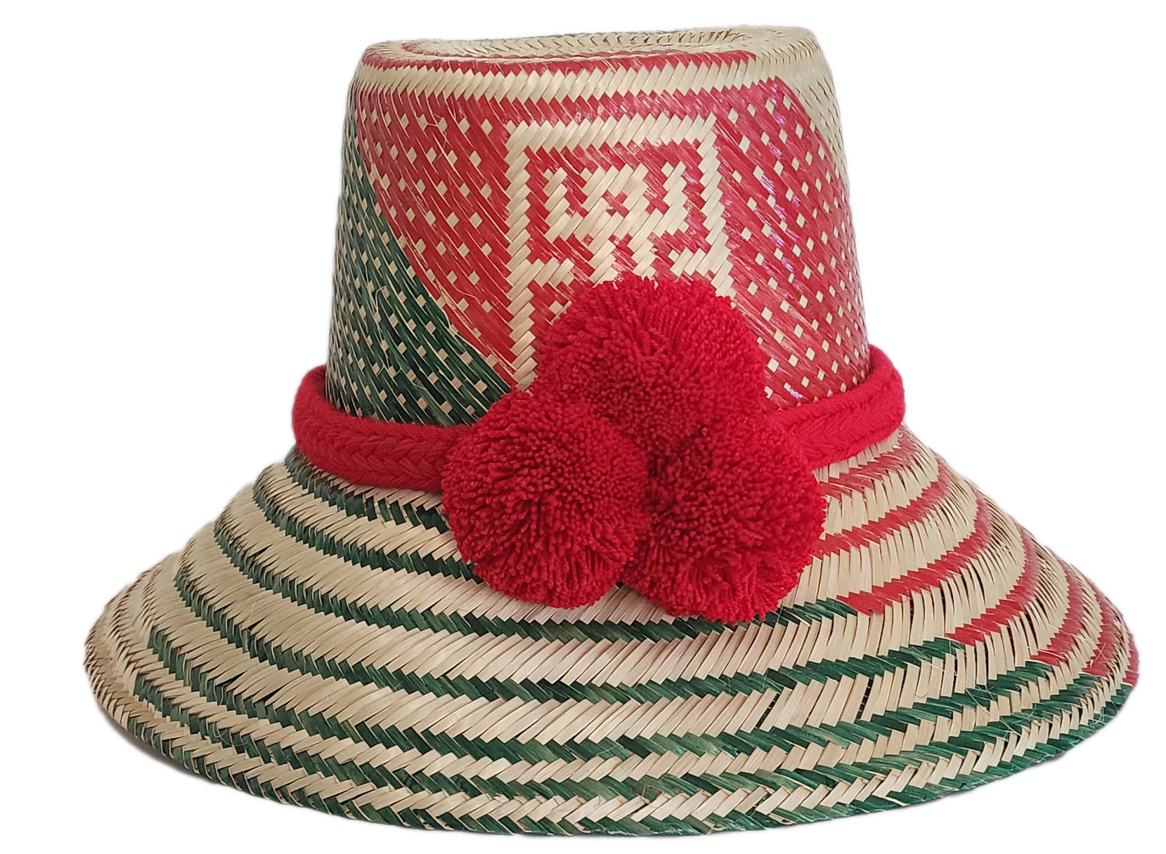 A vibrant, bohemian  handmade straw hat featuring red and green geometric patterns and a bold red pompom band with three fluffy pompoms.