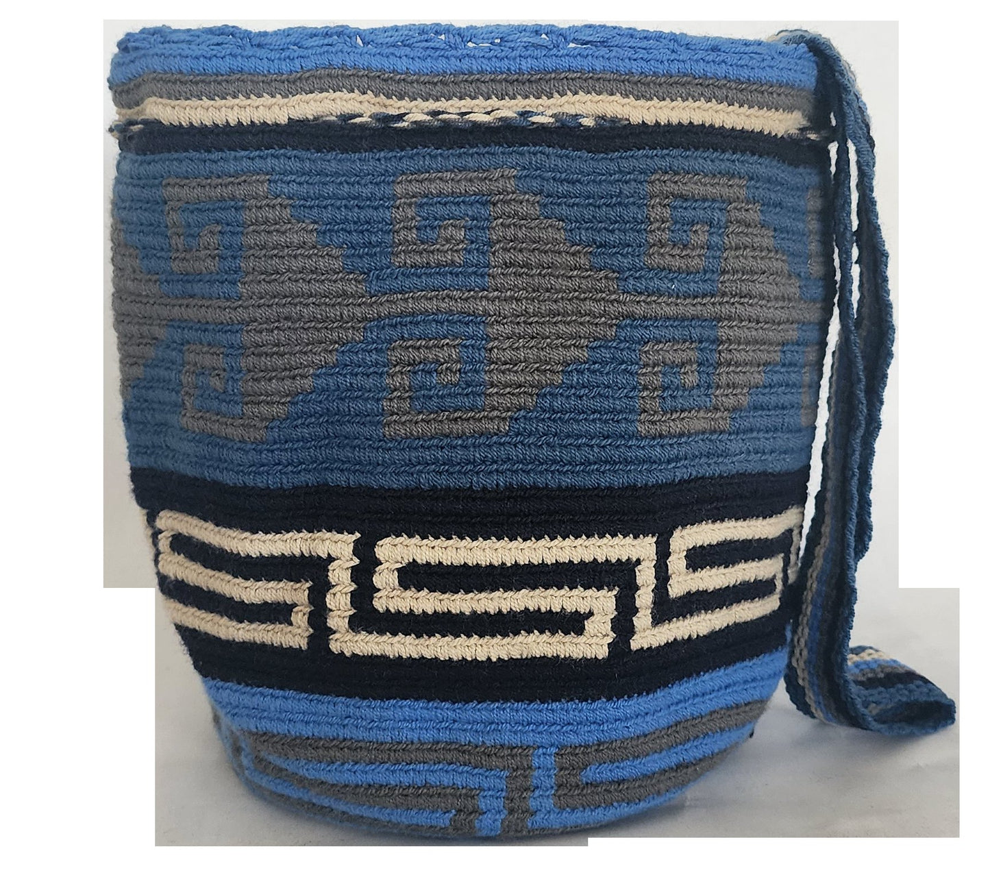 A vibrant and colorful crochet bag featuring boho-inspired Wayuu patterns. The bohemian-style accessory is intricately handcrafted with a multitude of bright, vivid colors, showcasing traditional Wayuu designs in a stylish, modern crochet technique.