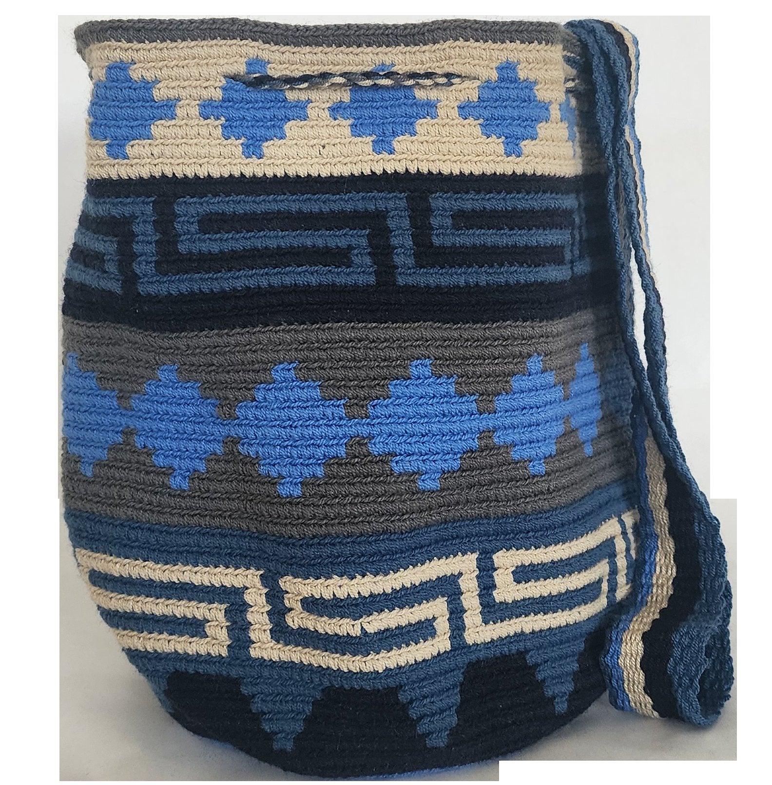 Bottom view A vibrant, colorful crochet bag featuring a boho-inspired Wayuu design. The handmade piece showcases intricate patterns typical of Bohemian style, with a rich palette of bright, eye-catching colors. Ideal for adding a touch of artisanal charm to any outfit.