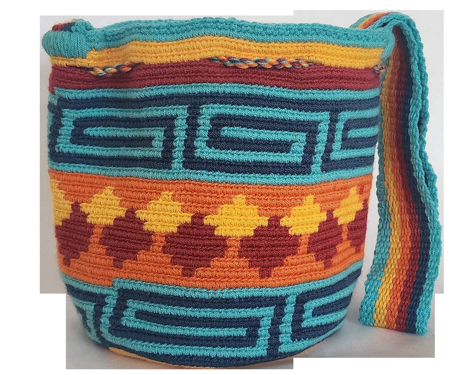 Bottom view A vibrant, colorful crochet bag featuring a boho-Wayuu design. The item showcases intricate patterns typical of Bohemian and Wayuu style, with a rich mix of bright, eye-catching colors. Handmade, the bag exemplifies skilled crochet craftsmanship, ideal for adding a bohemian flair to any outfit.