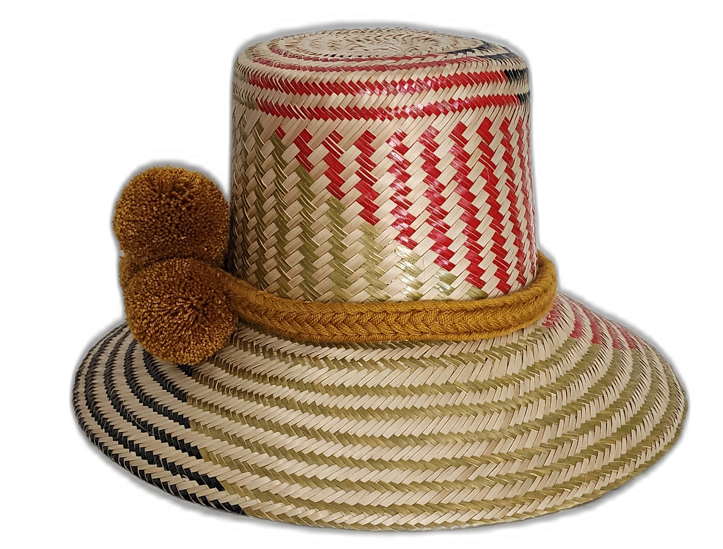 Natural palm Wayuu hat featuring olive, red, and black pattern with yellow trim.Bohemian Wayuu straw hat in muted red, green, and yellow tones with pompoms

