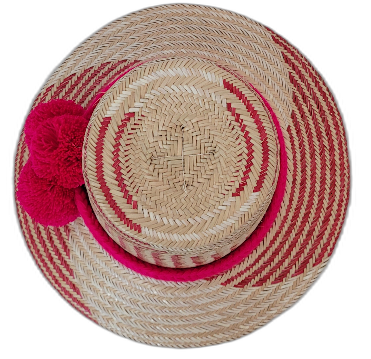 Adelyn bohemian handmade hat with red palm fiber patterns and symbolic red pompoms

