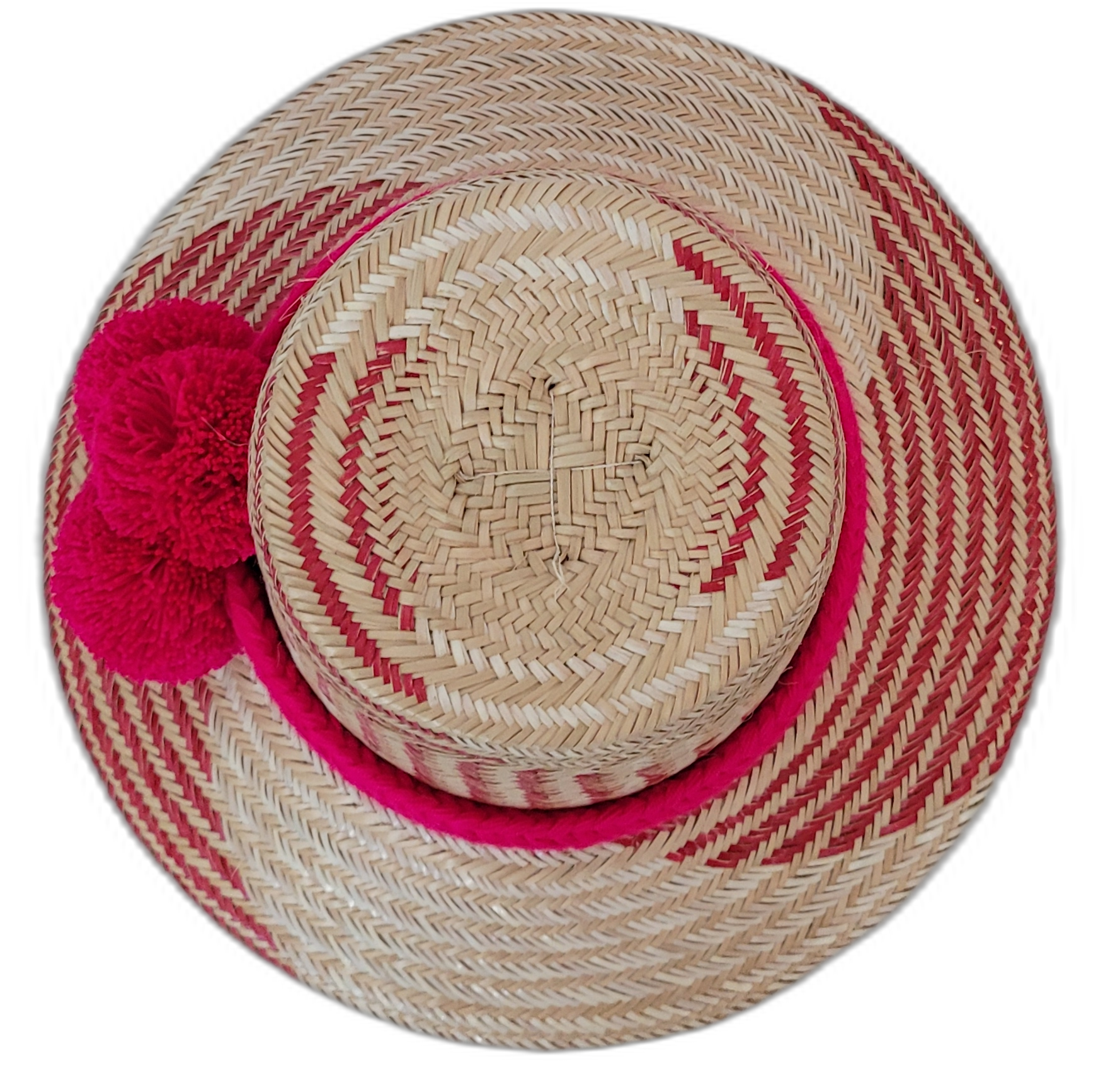 Adelyn bohemian handmade hat with red palm fiber patterns and symbolic red pompoms

