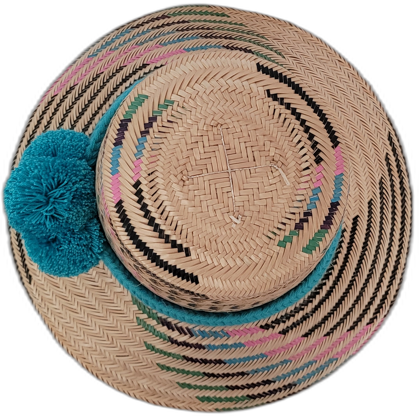 Handmade bohemian straw hat with vibrant multicolor weave and teal pompom finish

