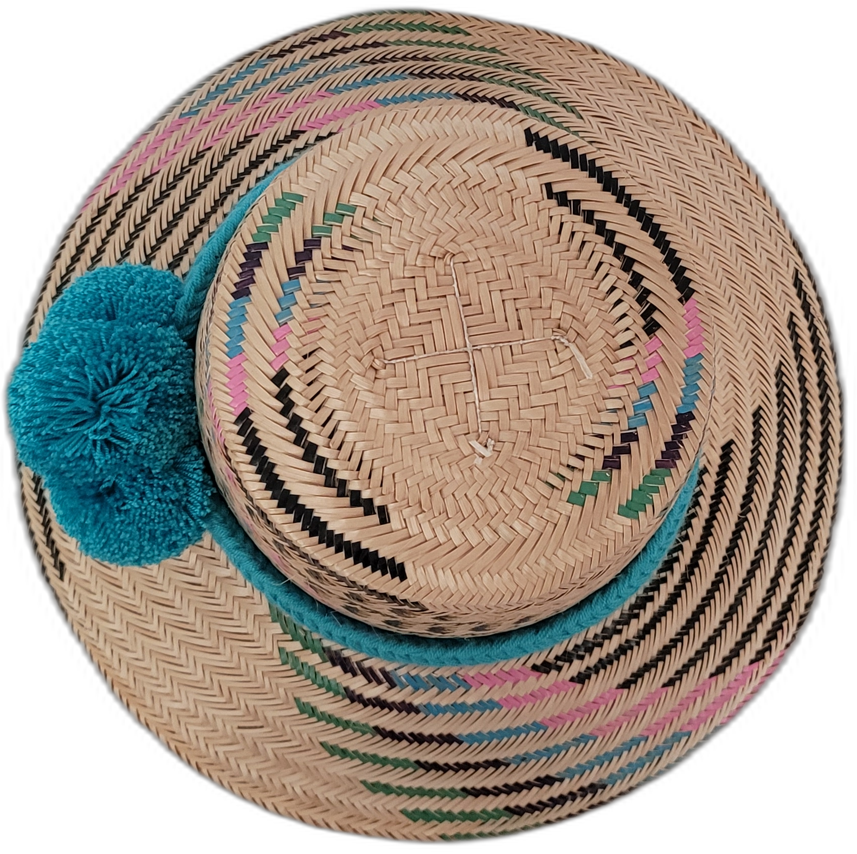 Handmade bohemian straw hat with vibrant multicolor weave and teal pompom finish

