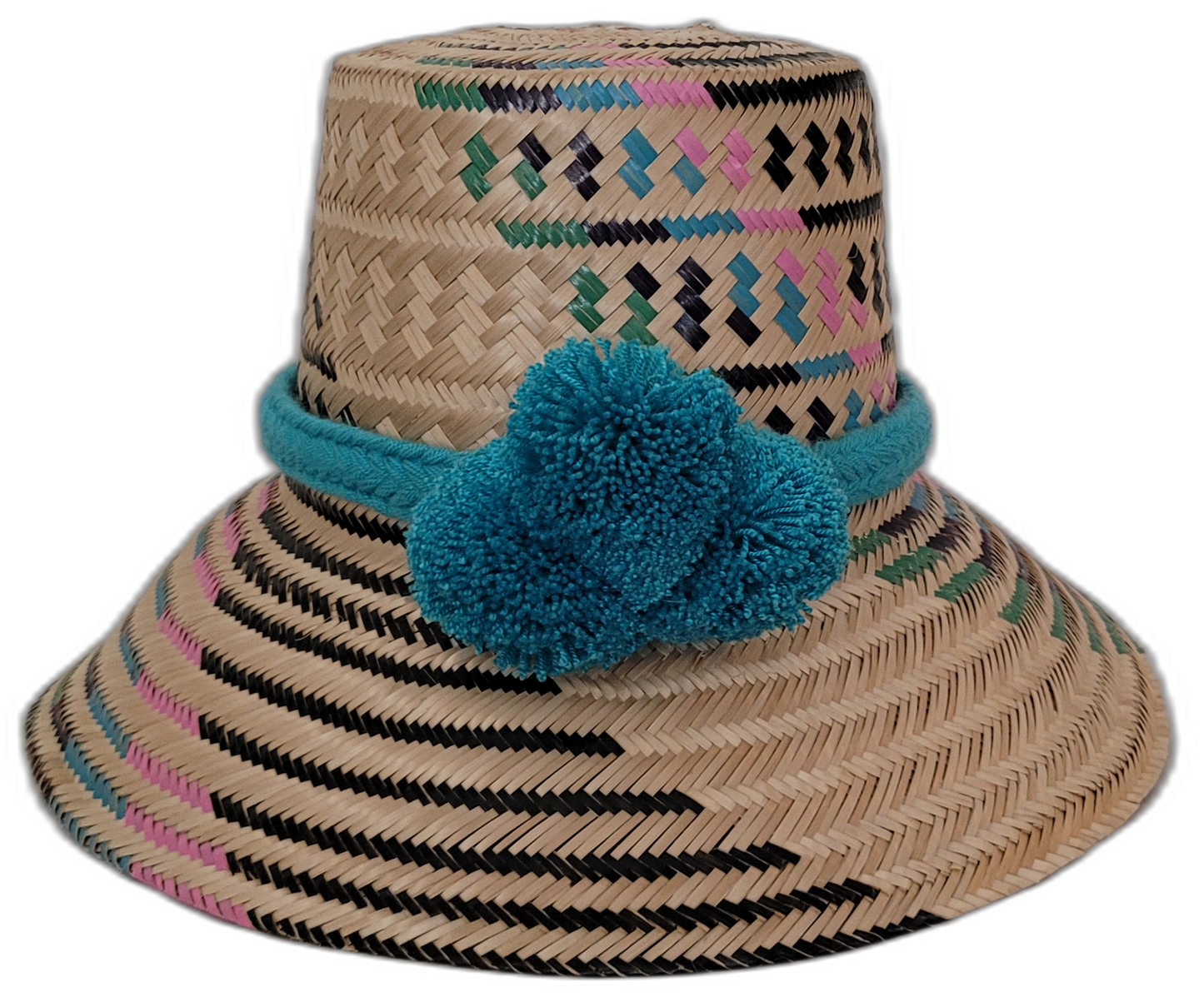 Alana handmade Wayuu straw hat with black, pink, green, and teal woven design

