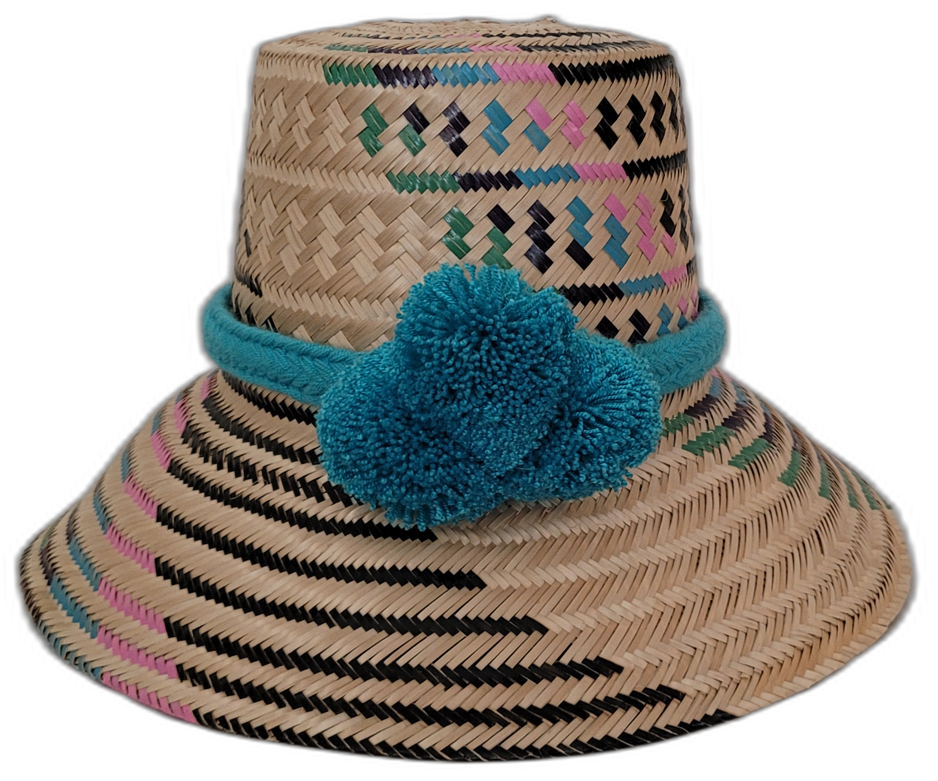 Alana handmade Wayuu straw hat with black, pink, green, and teal woven design

