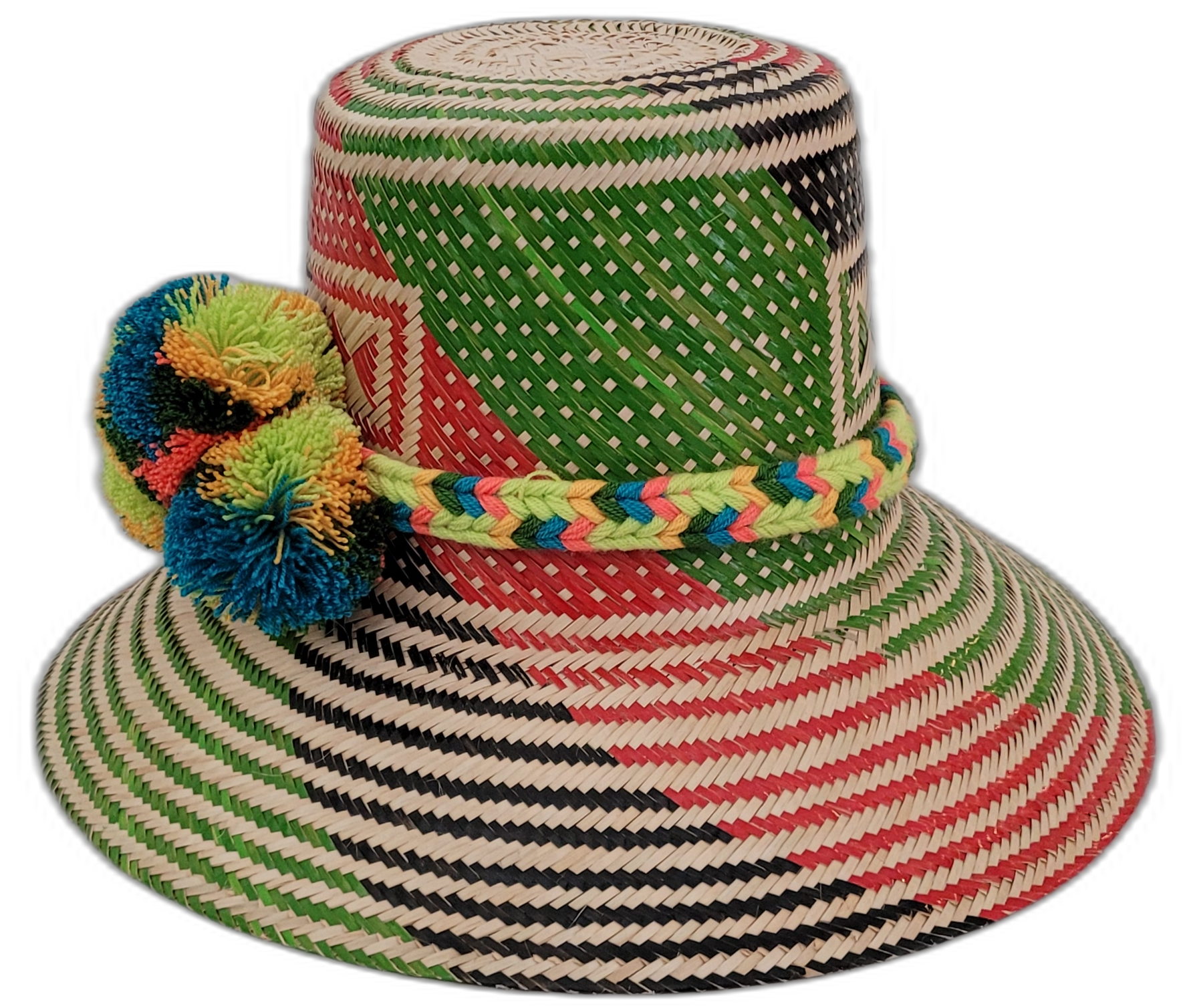 Artisan Wayuu hat Alani with natural straw base and vibrant multicolor pompoms

