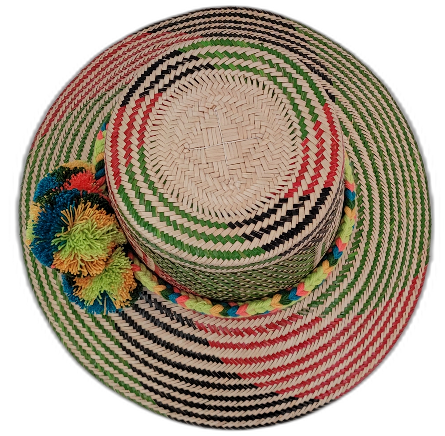 Alani boho straw hat featuring green, red, and black palm weave with bold pompoms

