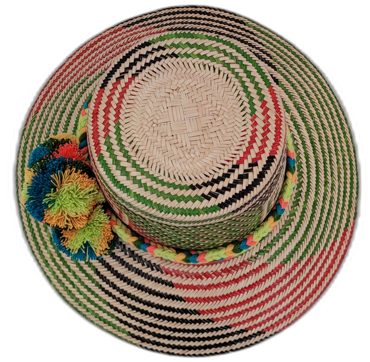 Alani boho straw hat featuring green, red, and black palm weave with bold pompoms

