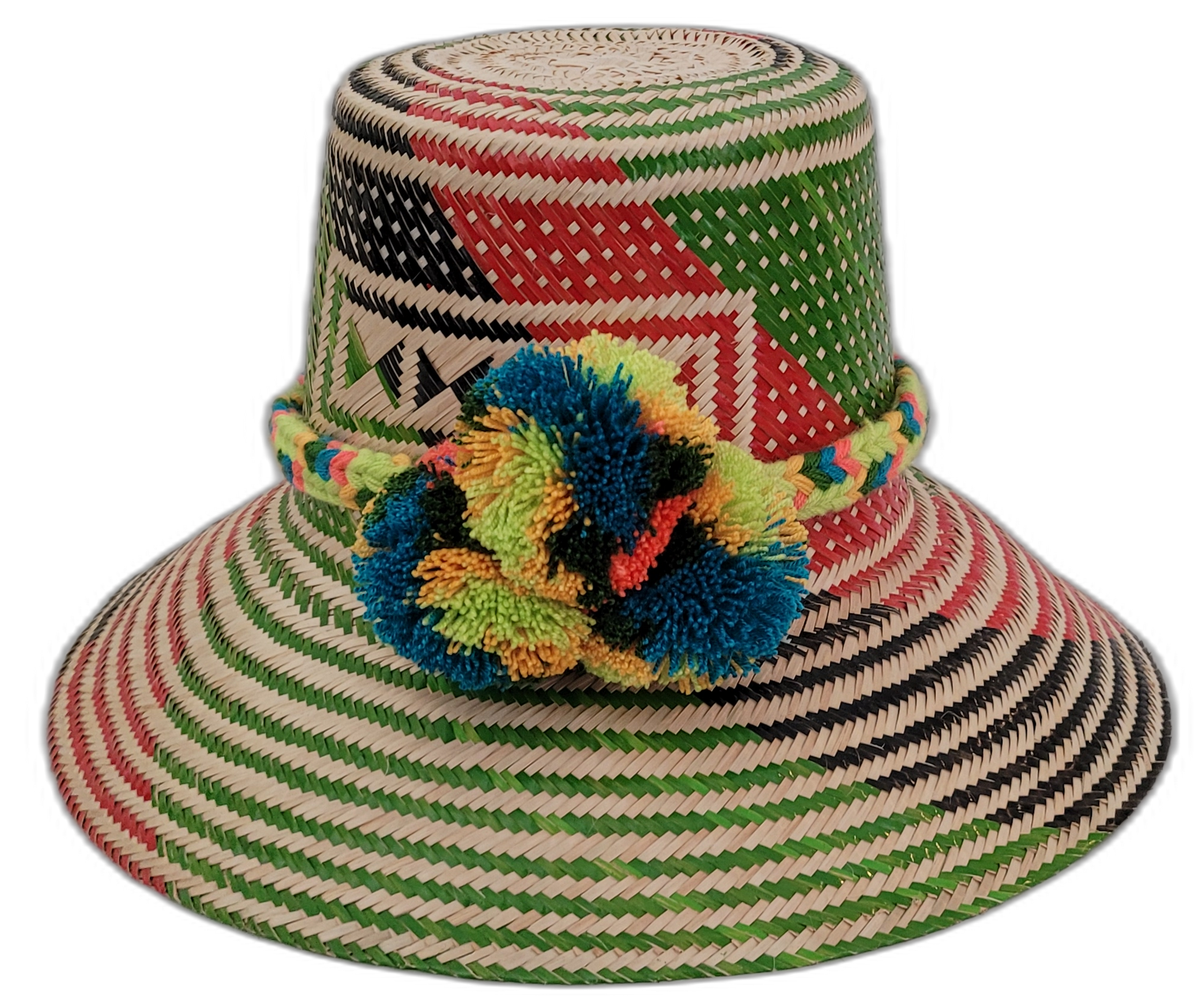 Alani handmade Wayuu straw hat with green, red, black weave and rainbow pompoms

