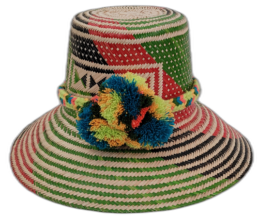 Alani handmade Wayuu straw hat with green, red, black weave and rainbow pompoms

