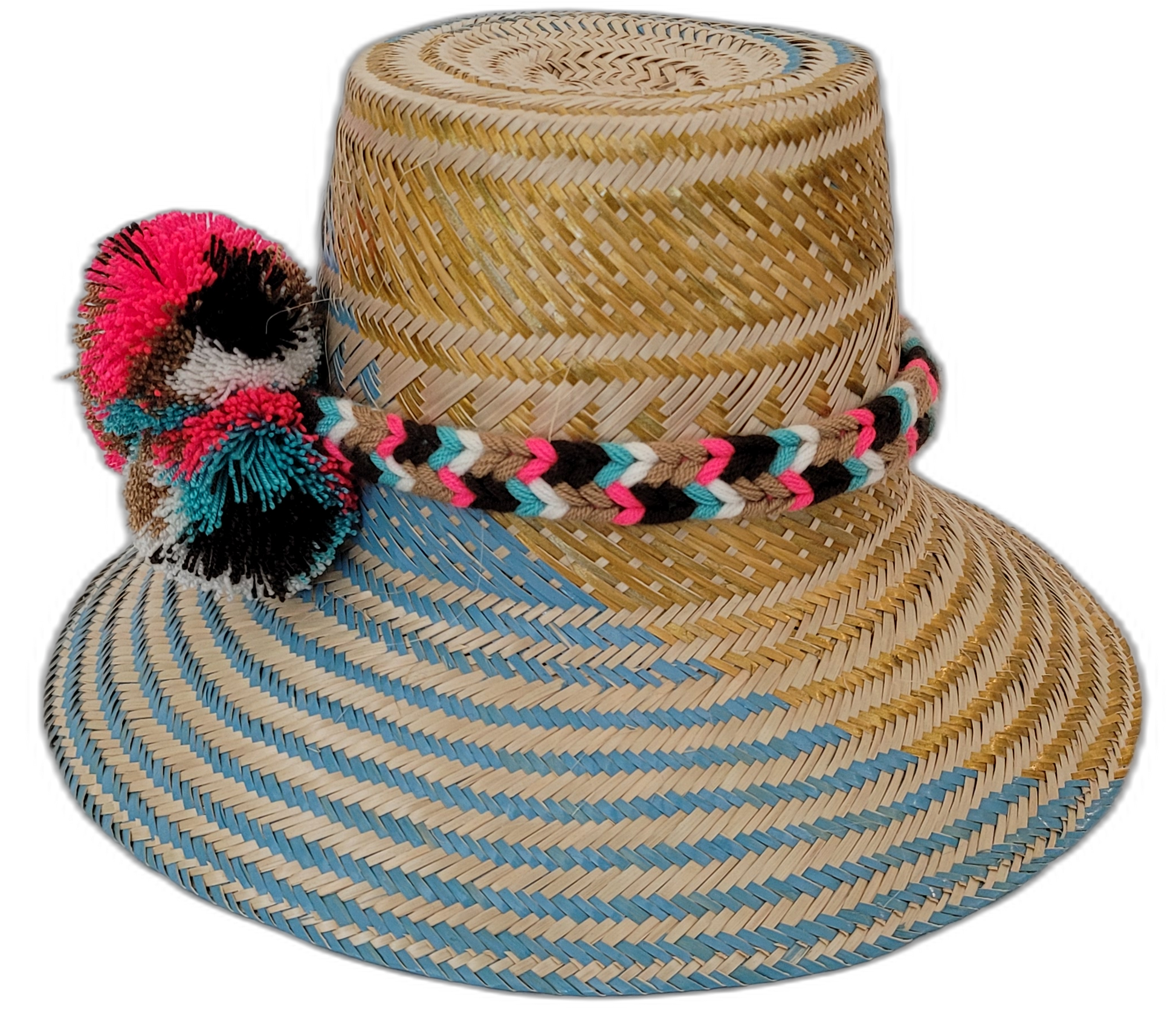 Boho Wayuu hat Alexa with multicolor pompoms and artisan weave in blue, pink, and natural tones

