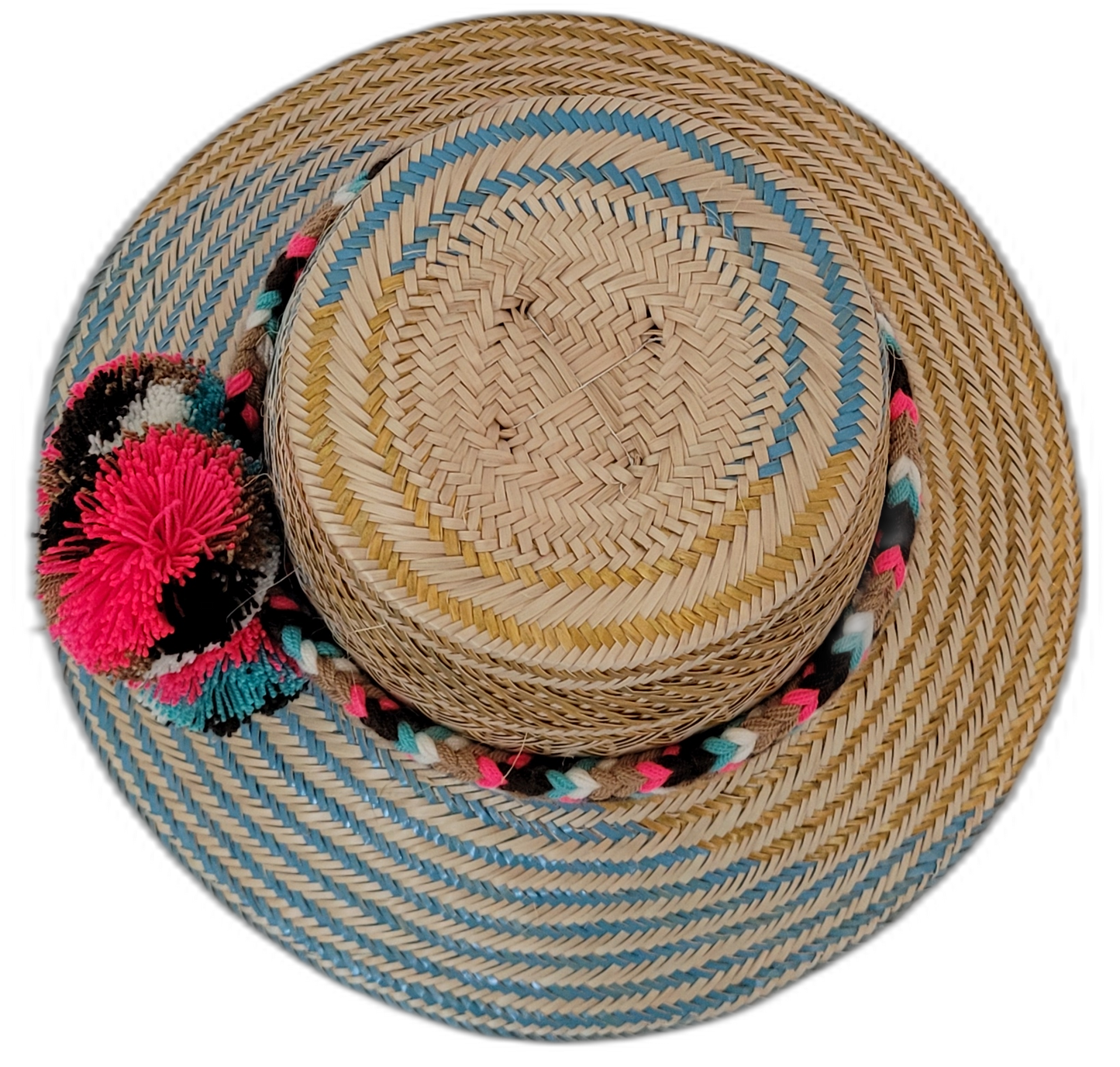 Alexa straw hat with blue geometric pattern and pompoms in pink, black, white, and brown

