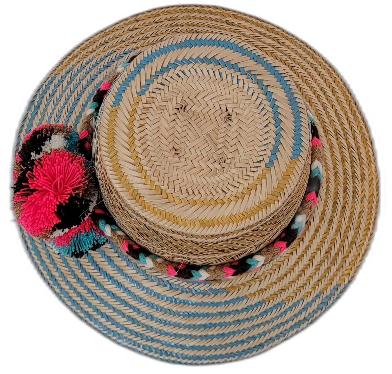 Alexa straw hat with blue geometric pattern and pompoms in pink, black, white, and brown

