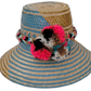Alexa handmade Wayuu straw hat with blue and green palm weave and colorful pompoms

