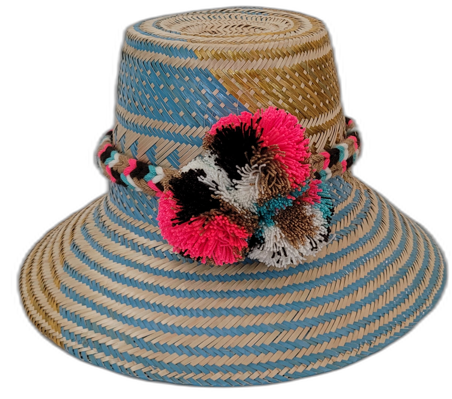 Alexa handmade Wayuu straw hat with blue and green palm weave and colorful pompoms

