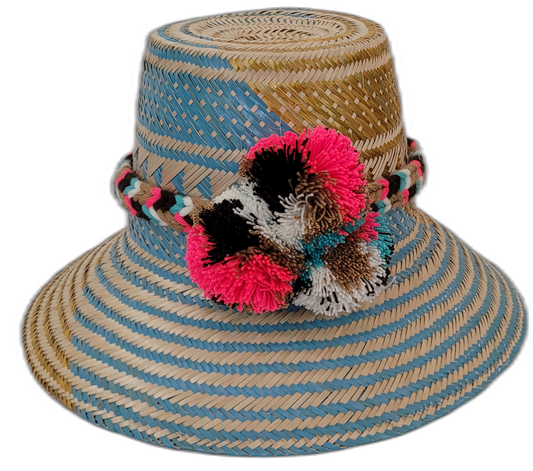 Alexa handmade Wayuu straw hat with blue and green palm weave and colorful pompoms

