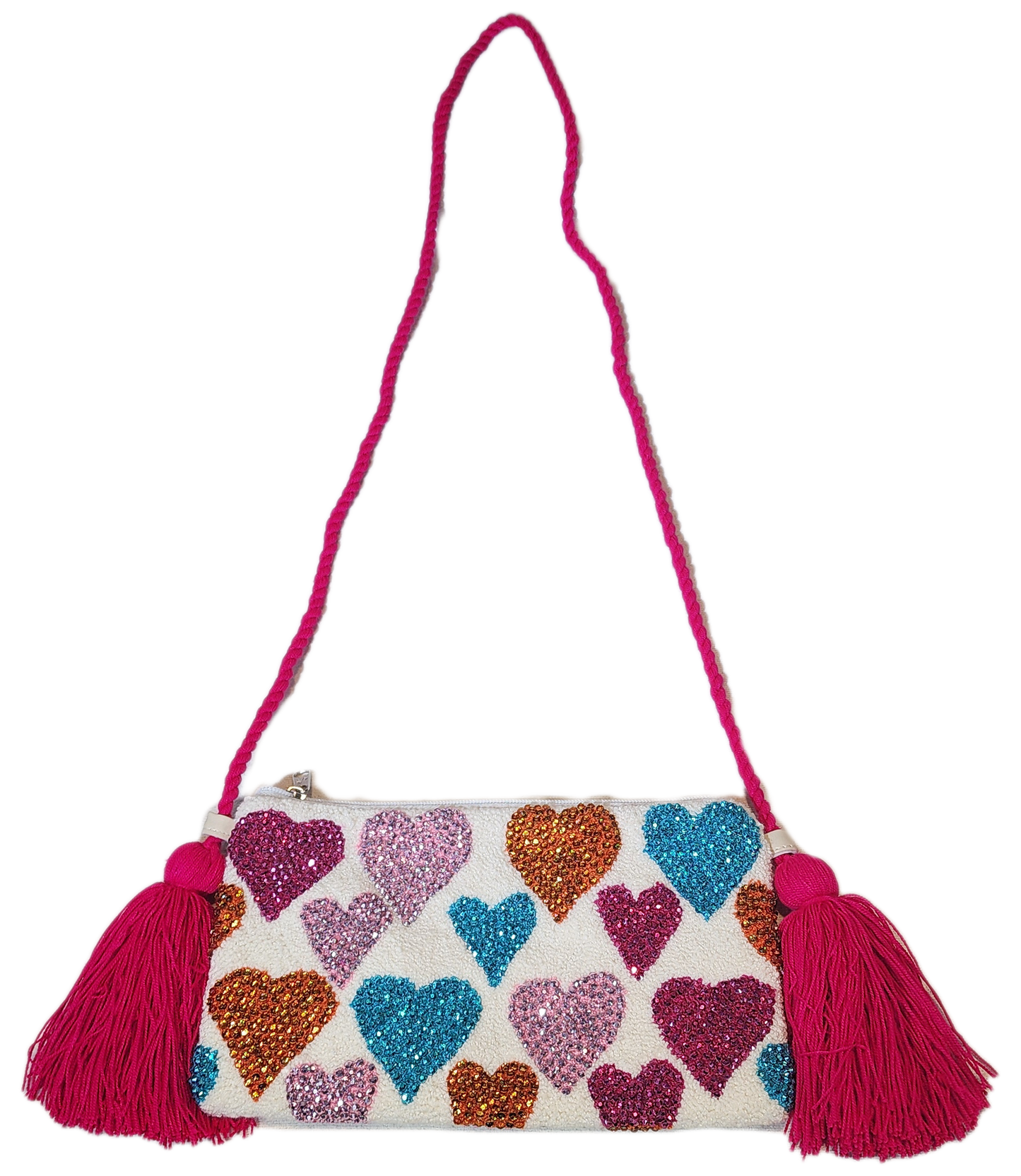 Bohemian Angelina fluffy Wayuu clutch with colorful crystal hearts and pink handle