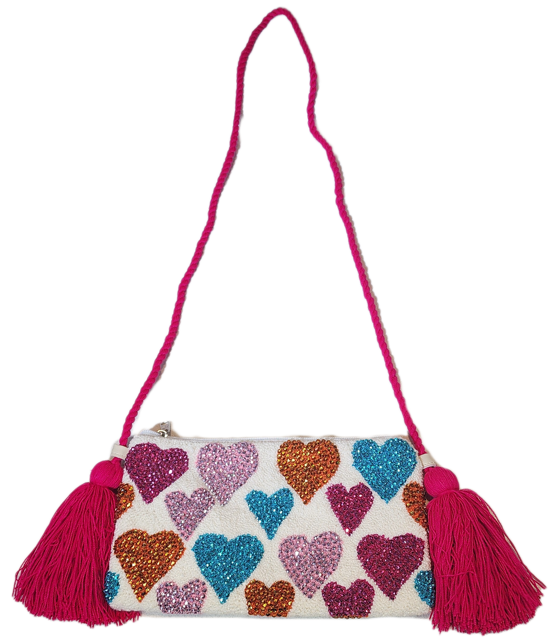 1 Bohemian Angelina fluffy Wayuu clutch with colorful crystal hearts and pink handle