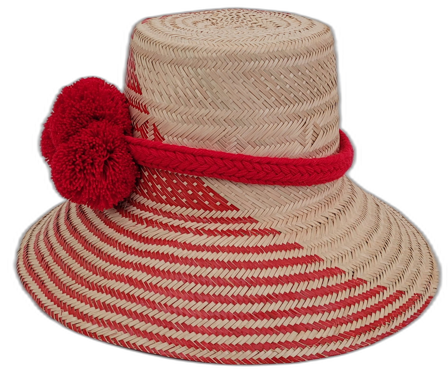 Artisan Wayuu hat Annabelle featuring natural palm base and vibrant red pompoms

