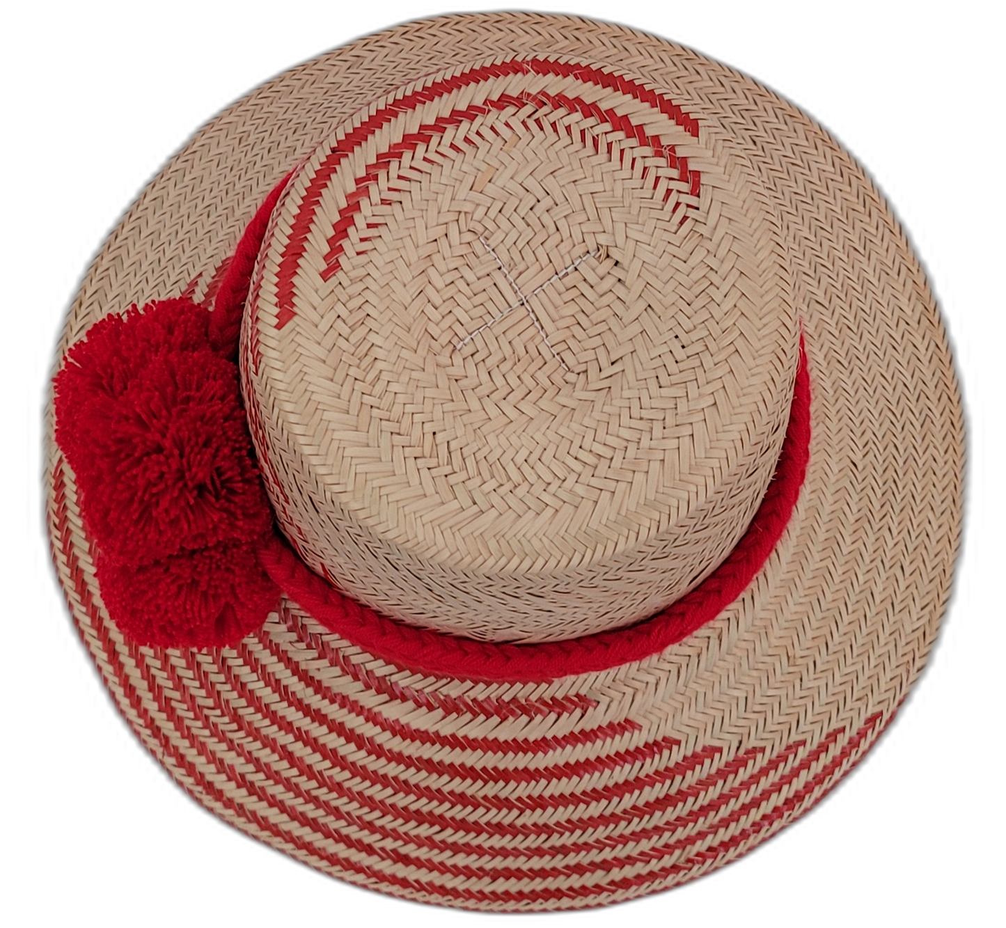 Annabelle boho straw hat with red palm fiber pattern and handcrafted pompom accents

