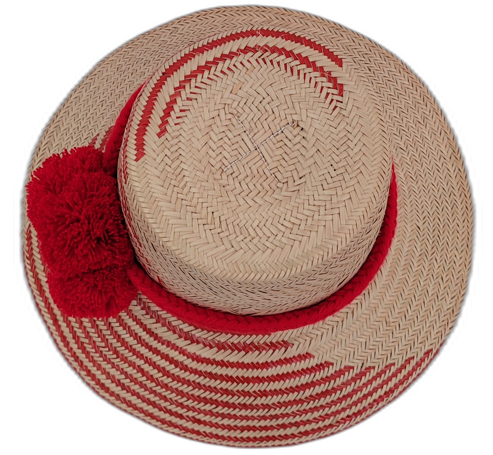 Annabelle boho straw hat with red palm fiber pattern and handcrafted pompom accents

