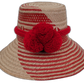 Annabelle handmade Wayuu straw hat with bold red diagonal weave and red pompoms

