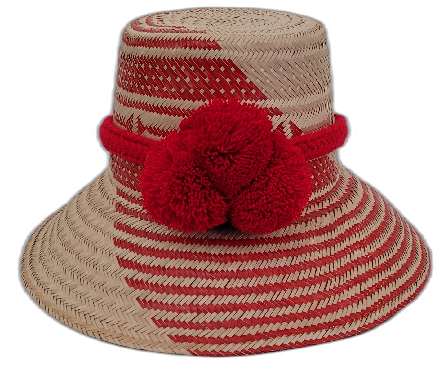 Annabelle handmade Wayuu straw hat with bold red diagonal weave and red pompoms


