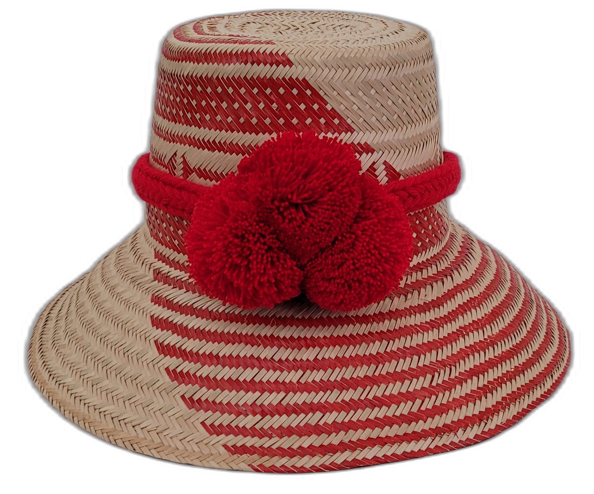 Annabelle handmade Wayuu straw hat with bold red diagonal weave and red pompoms

