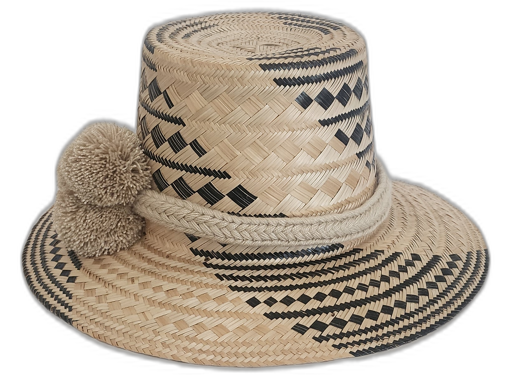 Boho Chick artisan hat featuring neutral tones and cultural patterns